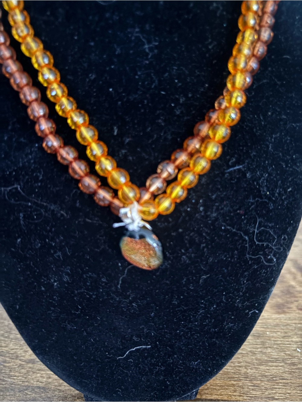 Amber-Tone Double-Strand Beaded Necklace with Iridescent Pendant